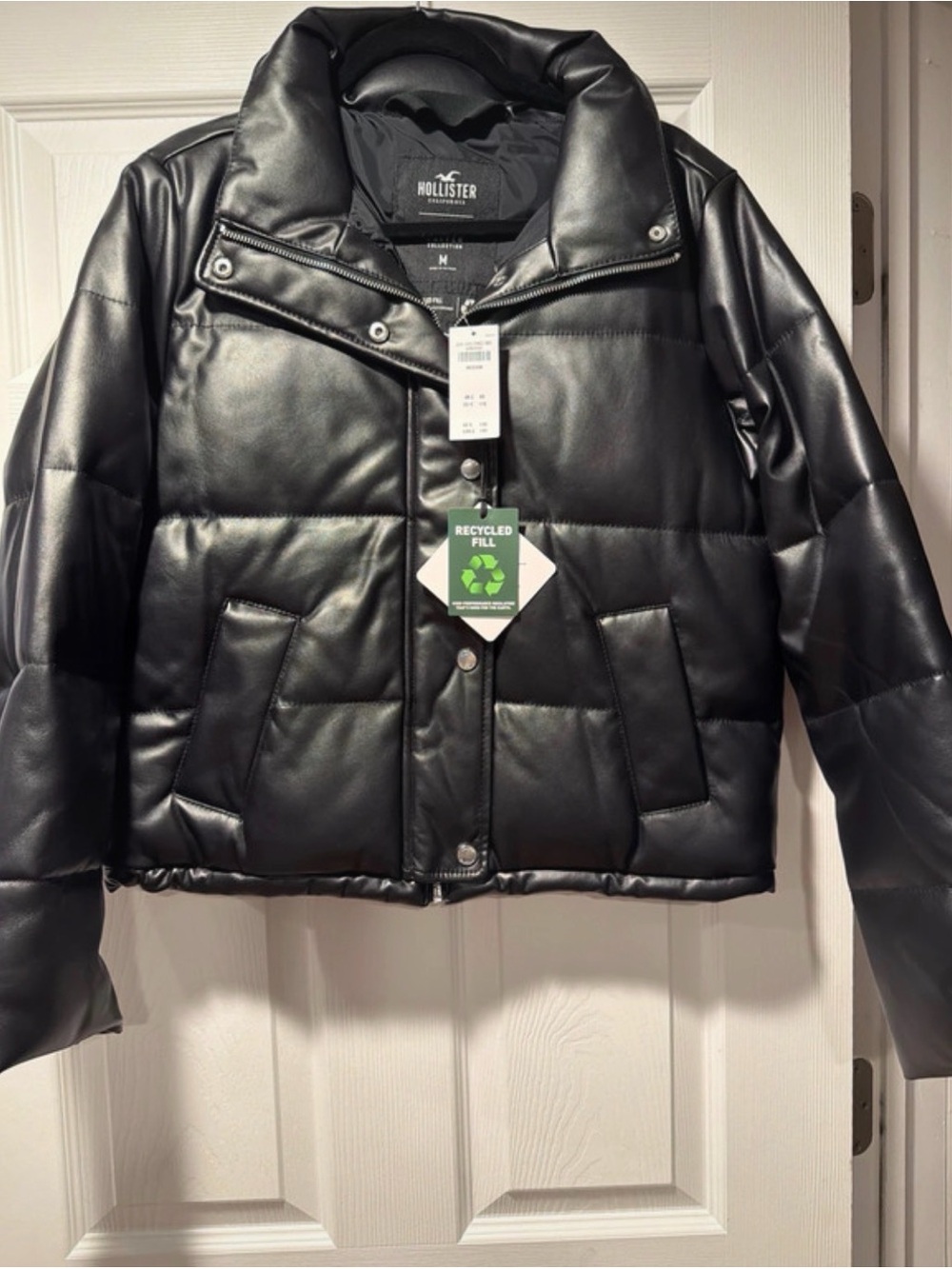 Hollister Black Faux Leather Quilted Puffer Jacket